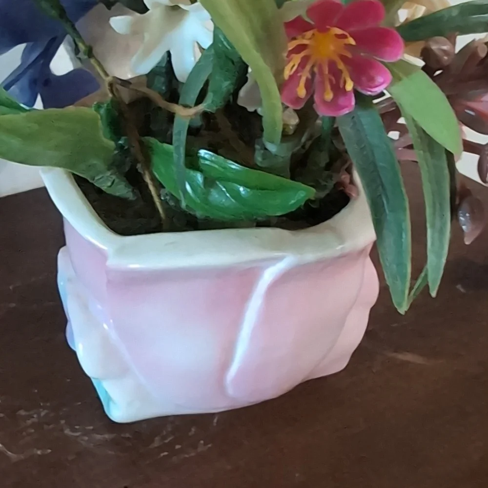 Charming Pastel Lamb Planter with Flowers Cottagecore Vintage Blue Pink Decor